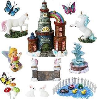 BangBangDa Unicorn Figurines Fairy Garden Accessories - Miniature Unicorn Gift Set Outdoor Garden Decoration – Fairy Figurines Castle Fountain Girl Birthday Gifts (Set of 23)
