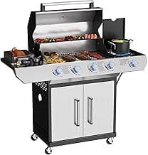 4 Led Burner Propane Gas Grill with Side Burner, Stainless Steel Gas Grill with Built-in thermometer & Enameled Cast Iron Grates, 60,000 BTUs Output for Outdoor Cooking and Patio Backyard Barbecue