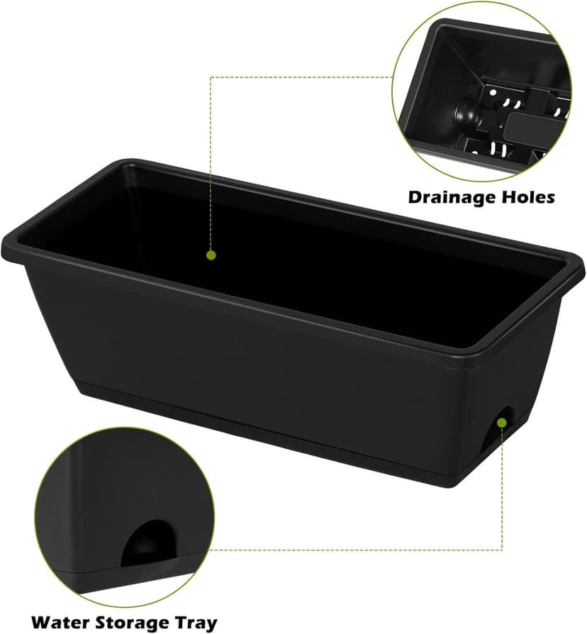 YBING Railing Planter Box 4 Pack Window Boxes Planter with Adjustable Brackets Deck Railing Hanging Flower Boxes 16.9 Inches Balcony Planters Black Fence Hanging planters for Outdoor