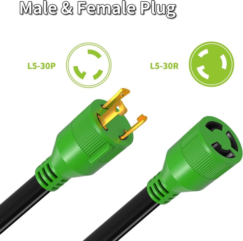 RVMATE 3 Prong 30 Amp Generator Extension Cord 10 Feet, NEMA L5-30P/L5-30R 125V SJTW Jacket