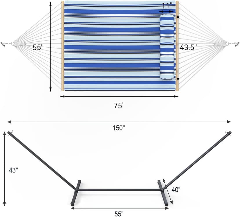 Double Hammock with Stand, 2 Person Cotton Rope Hammock with Removable Polyester Pad, 500LBS Capacity, Portable & Adjustable Design, Includes Storage Bag, Indoor Outdoor Use,Blue