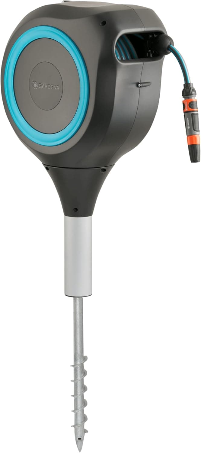 GARDENA (18614-80) 66' x 1/2" Automatic Retractable Garden Hose Reel on Metal Spike, 66' Outside Garden Hose Length, with 360° Rotation to Reach All Areas of Your Yard