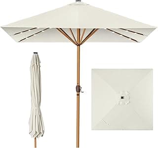 Best Choice Products 9ft Deep Square Solar Powered LED Lighted Patio Umbrella w/Faux Wood Texture, UV-Resistant Fabric, Hand Crank - Ivory