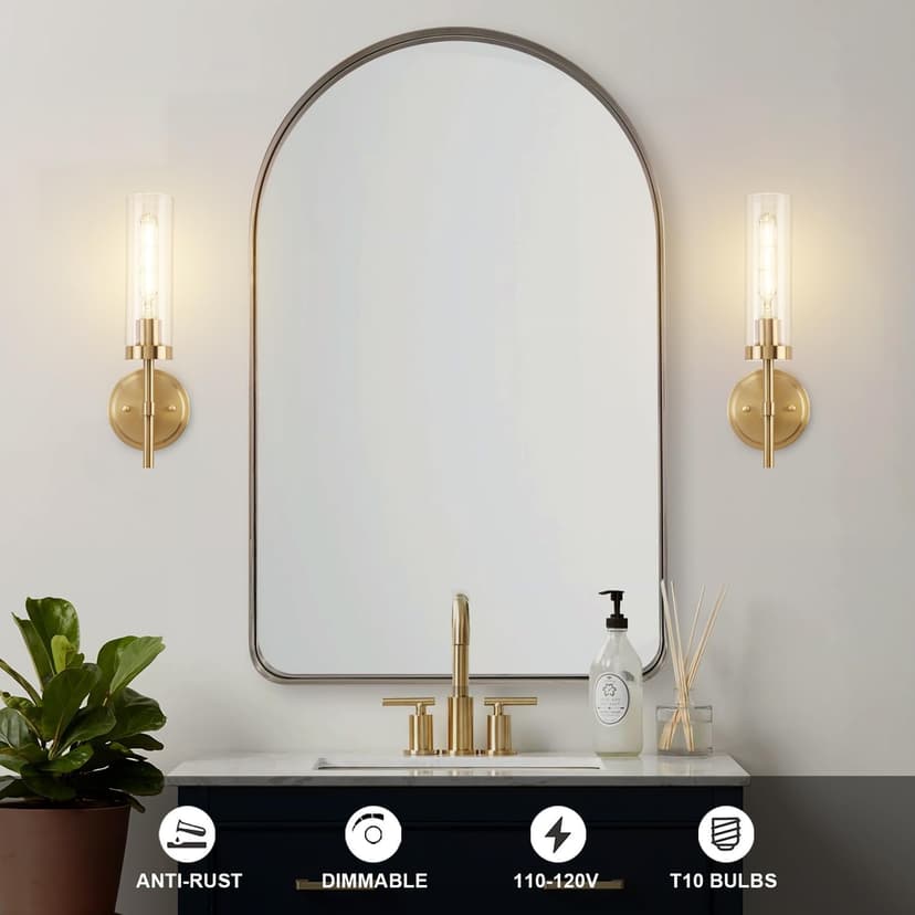 Gold Wall Sconces Set of 2, Modern Bathroom Sconces Wall Lighting Vanity Light Fixtures with Clear Glass, Brushed Brass Wall Mount Lights for Living Room Corridor Mirror Bedroom Stairs