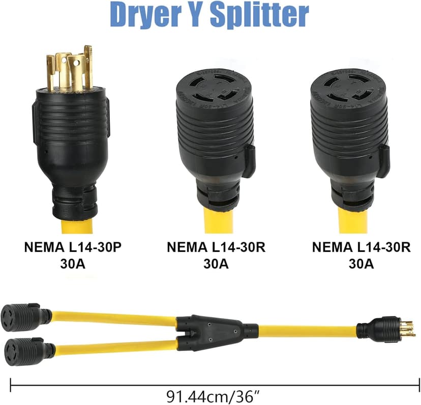 3FT NEMA L14-30 Splitter Cord Generator Y Adapter, HDWS NEMA L14-30P to (2) Outlet Port L14-30R Twist Lock Extension Cord, 30 Amp 4 Prong Generator Power Cord Adapter