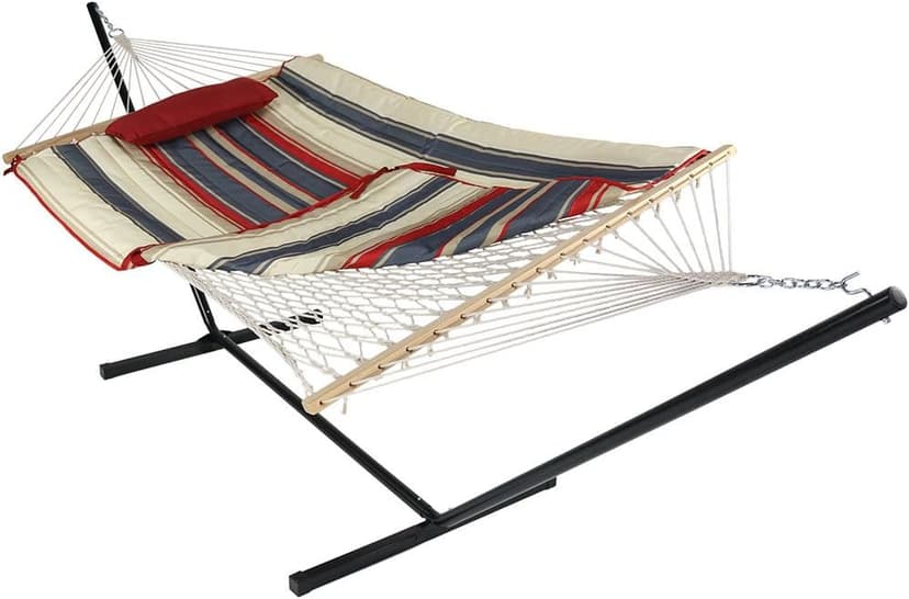 Sunnydaze Rope Hammock with Stand Combo - 275-Pound Capacity - Includes 12-Foot Hammock Stand, Spreader Bar, Pad, and Pillow - Modern Lines