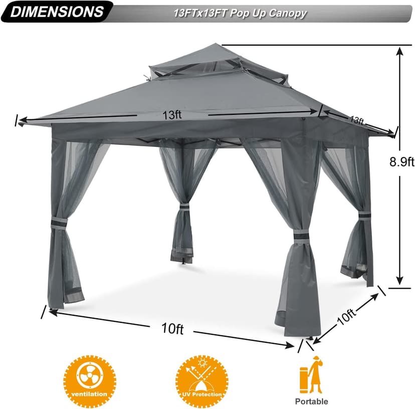 ABCCANOPY Pop Up Gazebo 13x13 - Outdoor Canopy Tent with Mosquito Netting for Patio Garden Backyard(Gray)