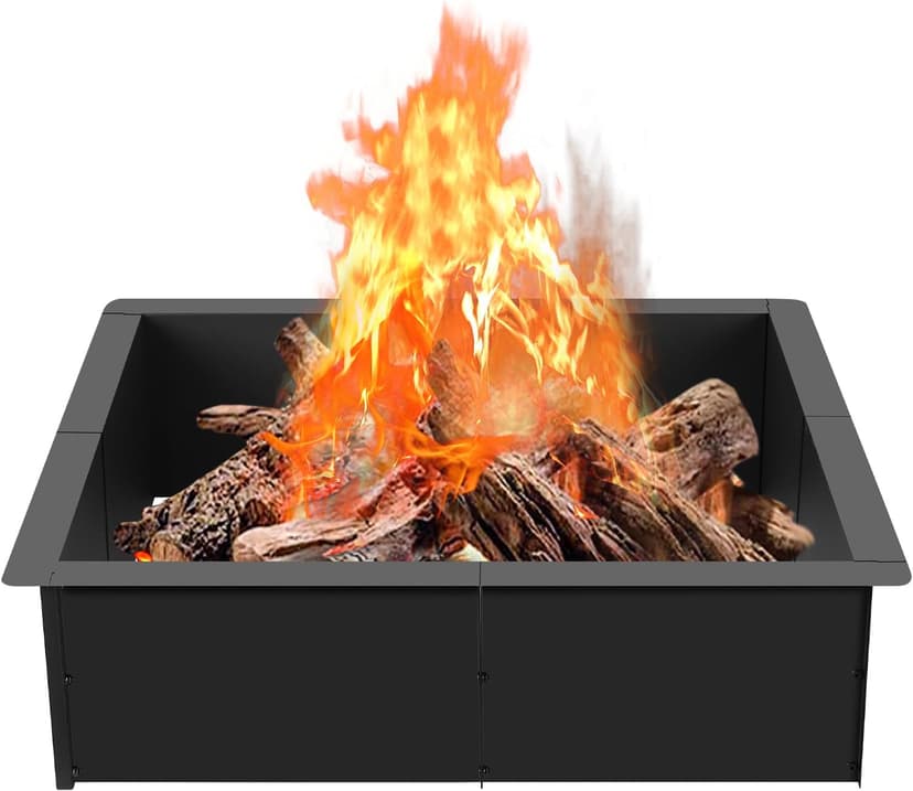 OUSHENG 32 Inch Square Fire Pit Ring Insert for Outside Wood Burning, 36 Inch Outer Large Solid Steel Firepit Liner for Above or In-Ground Outdoor DIY Camping Garden Patio Backyard