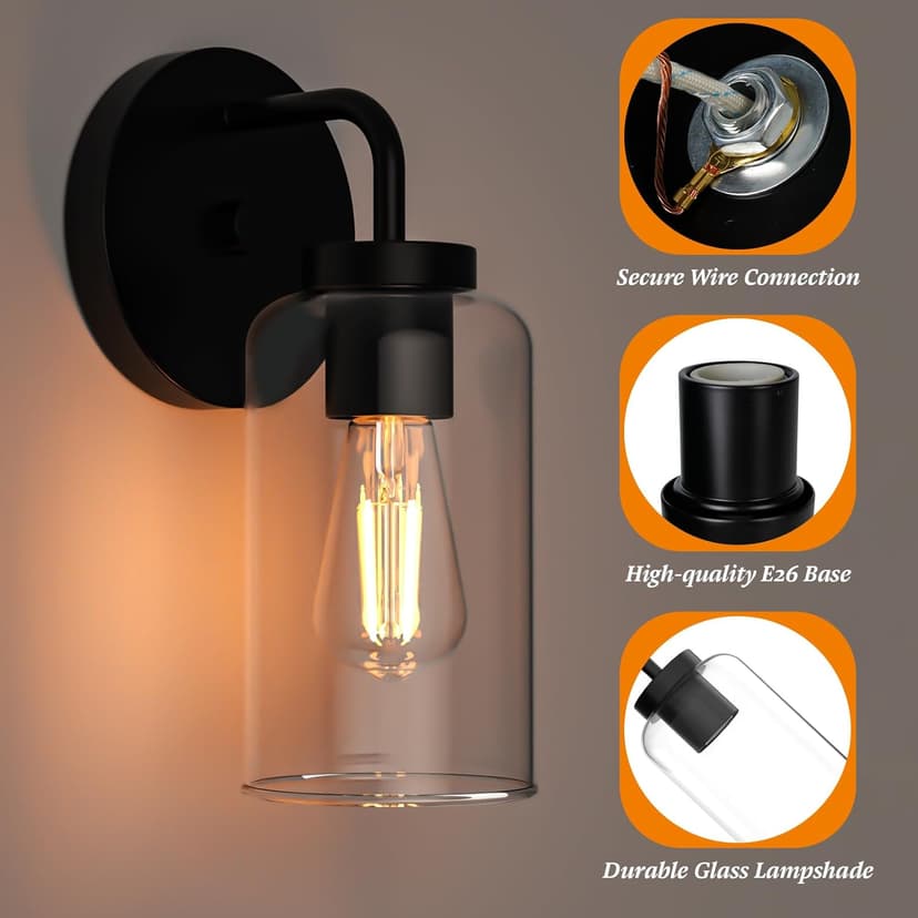 Zevluck 1-Light Wall Sconce, Modern Wall Light Fixtures with Clear Glass Shade, Matte Black Bathroom Vanity Light, Hardwired Vanity Wall Lamps for Bathroom, Bedroom, Living Room, Stairs, Hallway