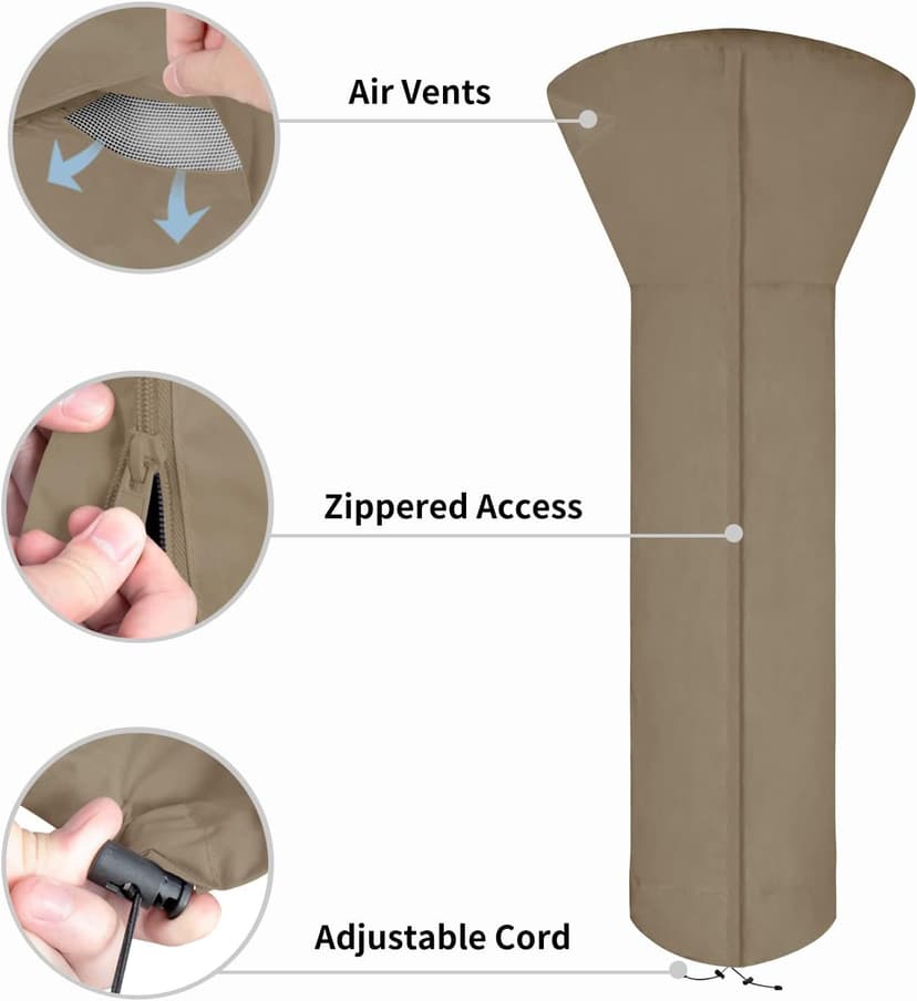 Easy-Going Patio Heater Cover with Zipper and Storage Bag, Waterproof Outdoor Heater Cover Dustproof, UV-Resisant, Wind-Resistant (89"H x 33"D x 19"B, Camel)
