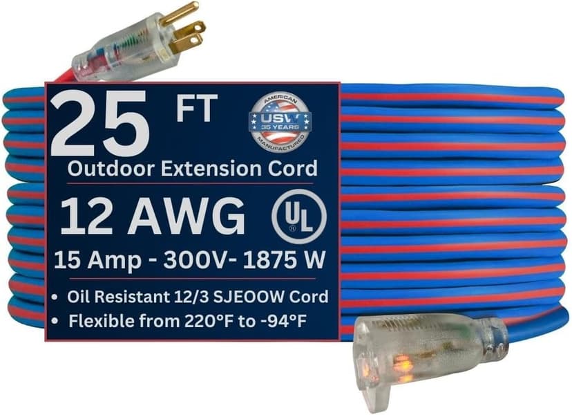 US Wire 99025 12/3 25-Foot SJEOW TPE Cold Weather Extension Cord Blue with Lighted Plug