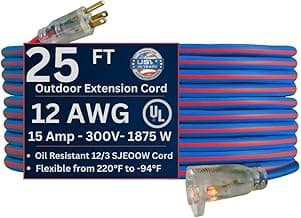 US Wire 99025 12/3 25-Foot SJEOW TPE Cold Weather Extension Cord Blue with Lighted Plug