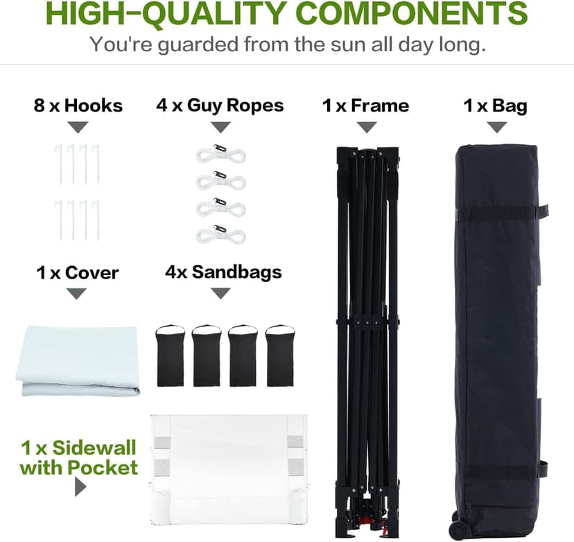 10'x10' Pop Up Canopy Tent with 1 Sidewall and 6 Pockets, One Push Setup, Instant Shade Tent with Vented Roof for Beach Patio Outdoor, Case, 8 Stakes, 4 Ropes, 4 Sandbags (White)