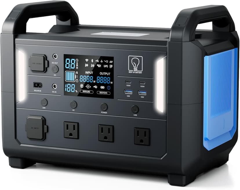 TB1200 Portable Power Station, 1152Wh LiFePO4 Solar Generator, 3*1200W(Peak 2400W)AC outlets, fully recharged in 2 hrs, Backup Battery for Camping, Off-grid, Home Blackout (Solar Panel NOT Included)