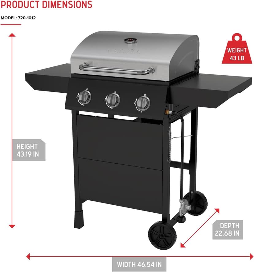 Nexgrill 3-Burner Propane Gas Grill with Side Tables, 27,000BTUs, Stainless Steel Lid, Spacious 429 SQ. In. Cooking Space, BBQ Grill for Outdoor Cooking, Patios, Parties, and More - 720-1012