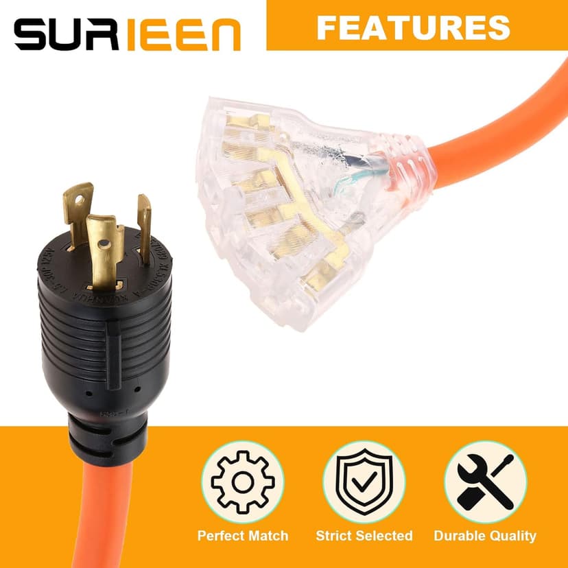 30Amp to 20Amp 110V Generator Adapter Cord, 3 Prong NEMA L5-30P to 5-20R/5-15R Generator Adapter Distribution Locking Cord with Lighted Power Indicator, STW 10 AGW, 1.5FT, ETL Listed
