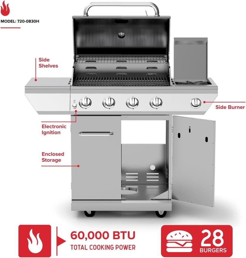 Nexgrill 4-Burner Propane Gas Grill in Stainless Steel with Side Burner, 60000BTUs, 626 sq. in. Cooking Space, Perfect for Outdoor Cooking & Grilling, Patios, BBQ, Backyards, Silver, 720-0830H
