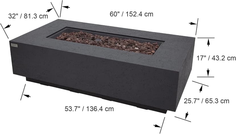 AMS Fireplace | Madison 60"x32" Rectangular Concrete Natural Gas Fire Pit Table | Dark Gray | Travertine (coarse) Texture Surface | Outdoor Patio Heater Electronic Ignition Outside Backyard Fireplace