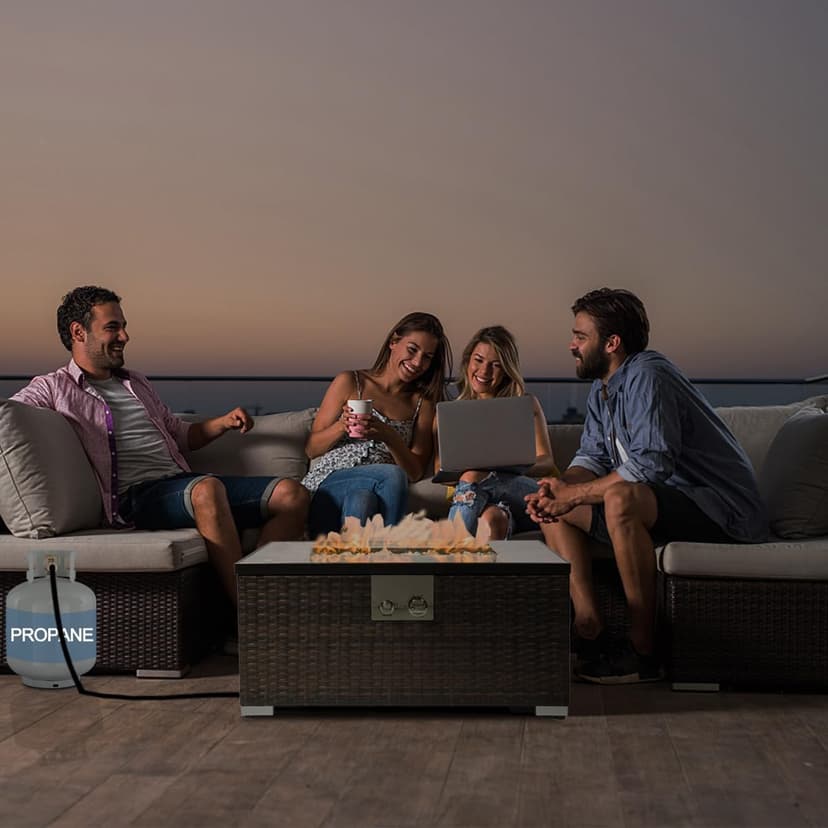 32'' Fire Pit Table with Natural Gas Conversion Kit, Marble Textured Ceramic Tabletop, 50,000 BTU Fire Table with Brown Wicker, Rectangle, Tank Required to Be Kept Outside.