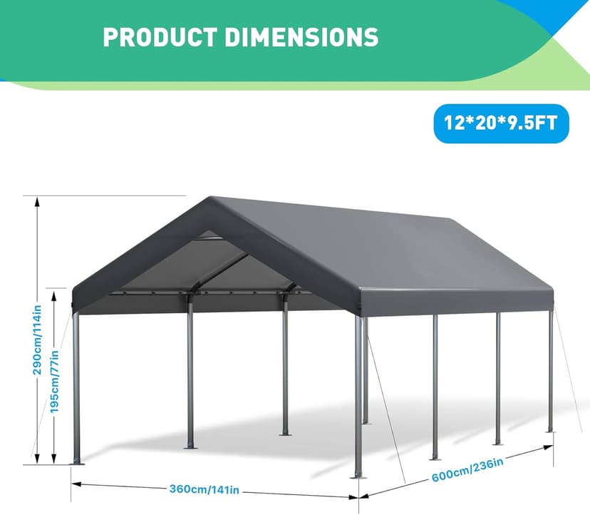 12x20 Ft Heavy Duty Carport, Portable Garage with Doors, Ventilated Windows, Waterproof and UV Resistant Carport Canopy for Cars, Boats, Suvs, Gray