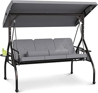 3 Seat Outdoor Porch Swing Chair, Patio Adjustable Canopy Swing Bench, Convertible Backrest Swing Bed with Thicken Cushions, Pillow & Cup Hold, Grey