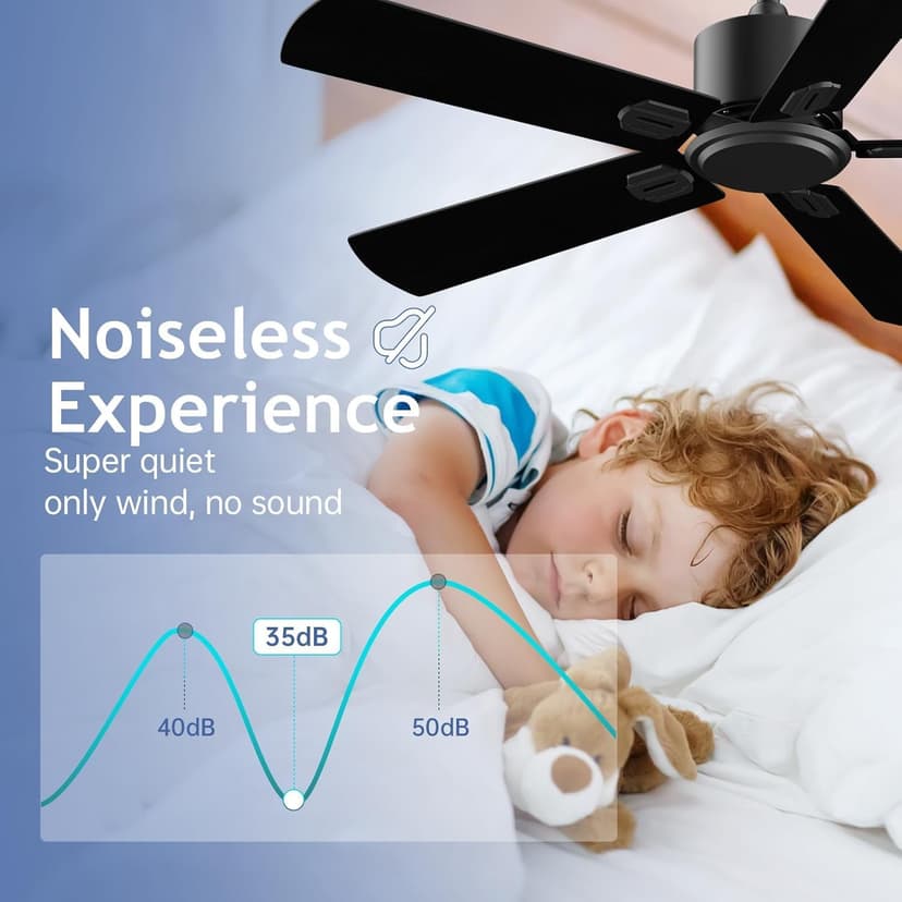 52 Inch Ceiling Fan No Light - Outdoor Indoor Flush Mount Low Profile DC Motor Fan with Remote, 5 Blades Reversible Silent Fan for Patio, Bedroom, Living Room, Garage