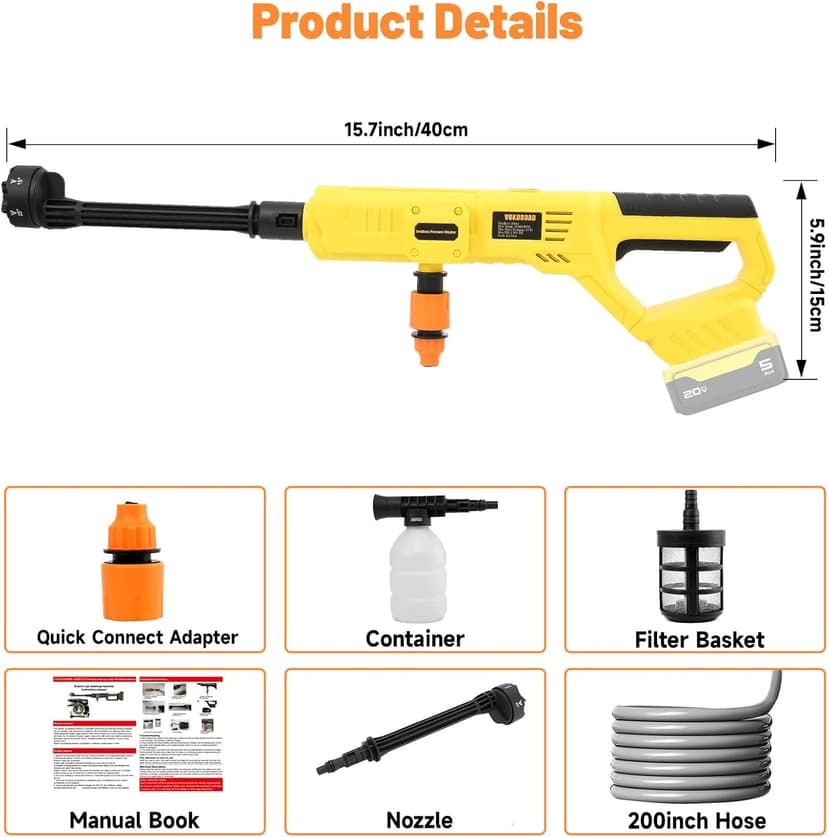 Cordless Pressure Washer for DeWalt 20V Max Battery, Portable Cordless Power Washer 1000PSI, Handheld Car Pressure Washer with 6-in-1 Nozzle for Patio Car Floor Fence Deck Indoor(Tool Only)