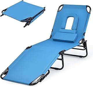 Folding Beach Lounge Chair w/ 5 Adjutable Backrest & Padded Pillow, Sunbathing Lounger Chair, Sun Tanning Lay Flat Chair for Seaside Pool Deck, Max Load 330 LBS, No Assembly Required (Blue)