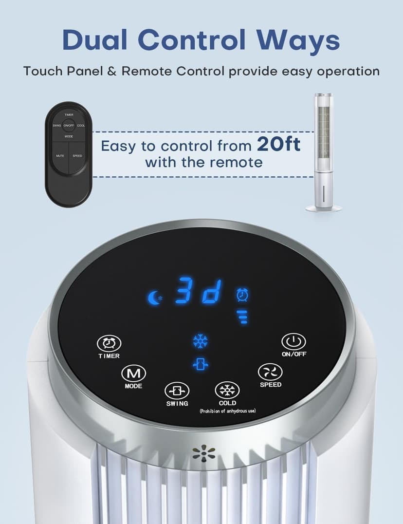 42 INCH Portable Air Conditioners w/LED Touch Screen, 4 Mode&3 Speed,1-Gal Tank for 15H Cooling Evaporative Air Cooler,12H Timer, No Hose No Window Needed, 90° Oscillating AC Unit for Bedroom