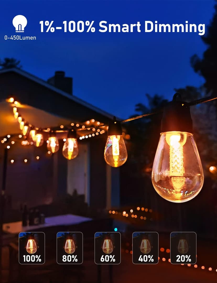 Outdoor String Lights with Dimmer - 50Ft Led Patio Lights App Control Commercial Grade Weatherproof Outside Light with Timer 3 Modes 25 S14 Edison Vintage Shatterproof Bulbs for Patio Garden Backyard