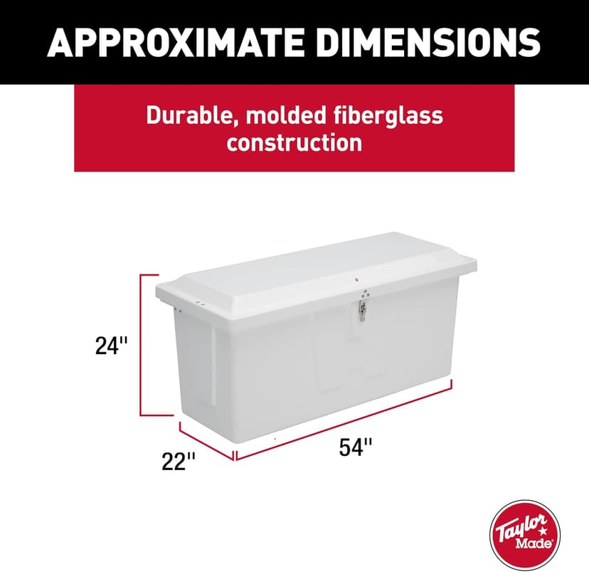 Taylor Made Stow 'N Go Small Fiberglass Dock Box, White (24"H x 54"W x 22"D) – Fiberglass construction, UV gelcoat finish, stainless steel lockable latch and hardware – 2020108652