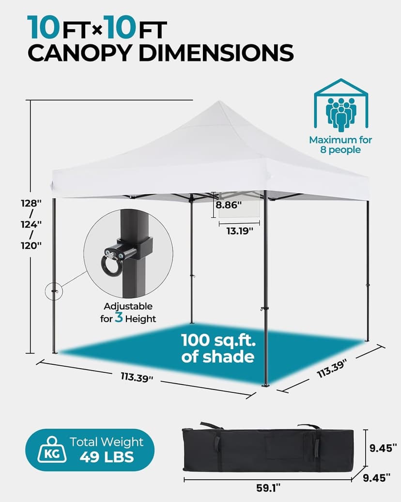 10in x10in Canopy Tent with Wheeled Bag, Commercial Portable Pop Up Tent, Easy Set Up, 4 Stakes & 4Sandbags & 4 Ropes, Waterproof Outdoor Shelter for Market, Parties, White