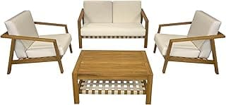 Kinger Home Luna 4-Piece Deep Seating Teak Wood Patio Furniture Set, Cushioned Loveseat, Armchairs and Coffee Table