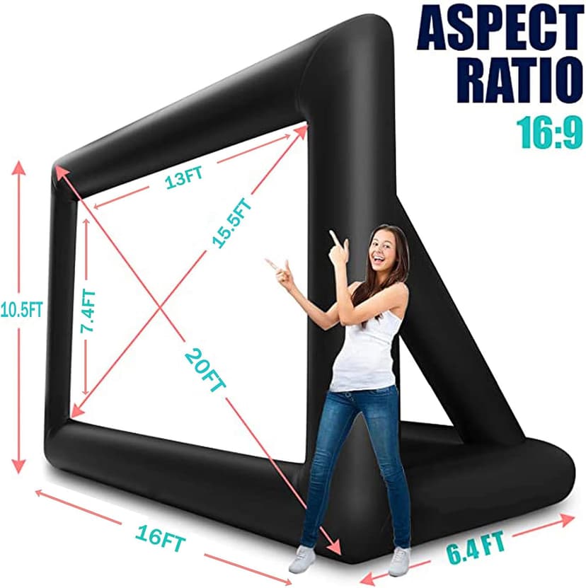 20 feet Inflatable Portable Projector Movie Screen - Huge Air-Blown Cinema Projection Screen Package with Rope, Blower,Tent Stakes - Front & Rear Projection,for Outdoor Party Backyard Pool Fun
