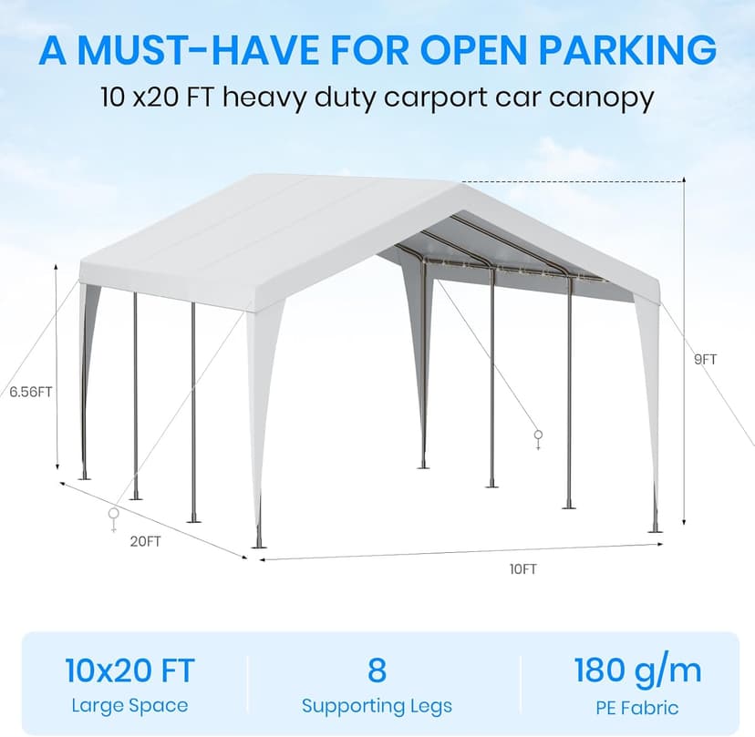 Carport 10x20 Heavy Duty Portable Garage,Galvanized Frame Carport Canopy,Portable Garages and Shelters with 8 Leg&4 Wind Rope,Car Tent Garage with All-Season Tarp for Boat Truck Bike,Without Sidewall