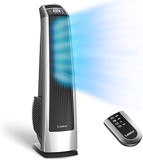 Lasko Oscillating High Velocity Tower Fan, Remote Control, Timer, 3 Powerful Speeds, for Garage, Basement and Gym, 35" Silver and Black, U35115, Large