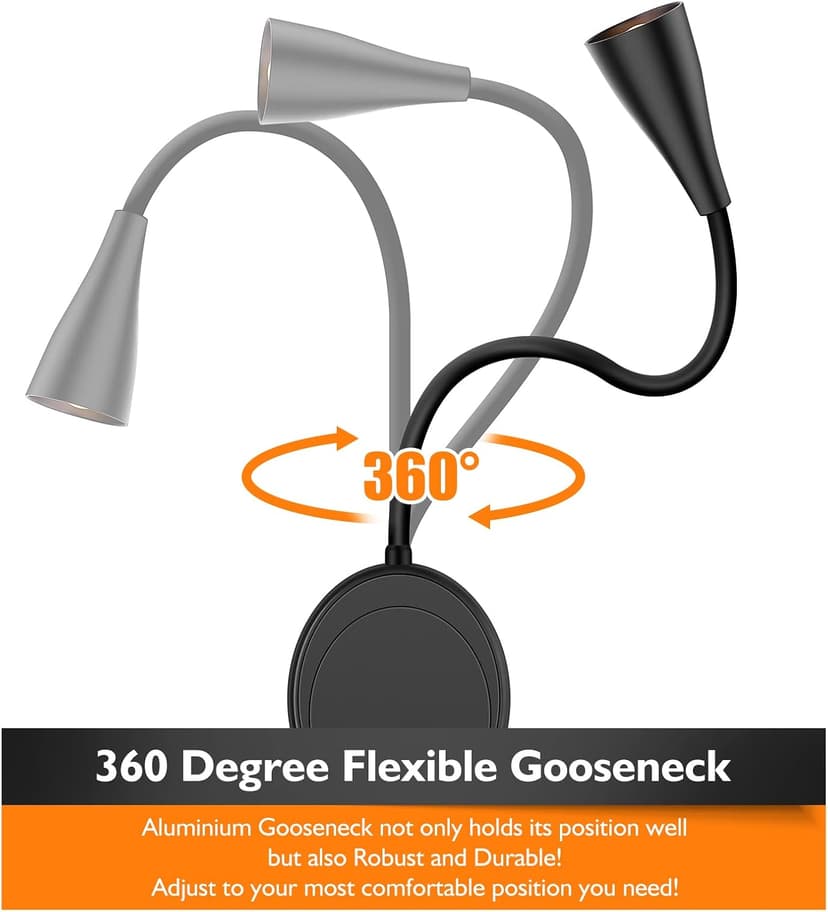 Wall Mounted Reading Light, Bedside Headboard Lights with 5 Dimming & Color Temperature, USB Output, Night Light & Timers Function, Flexible Gooseneck 3000K-6000K Upgrade Bed Lamp (Black)