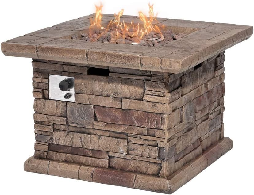 HOMPUS Outdoor Propane Fire Pit Table 32-inch Imitation Stone Square Concrete Propane Fire Pit with Lava Rocks and Rain Cover 50,000 BTU Gas Smokeless Fire Pits for Outside Patio,Garden, CSA Certified