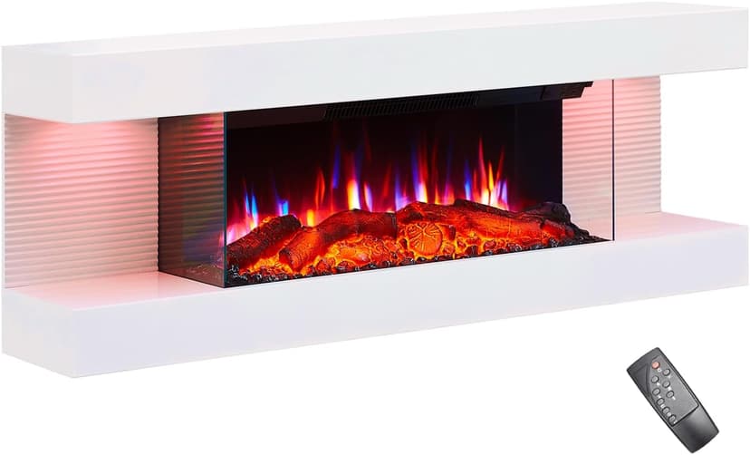 PuraFlame Alsa 44 Inch Wall Mounted Electric Fireplace All-in-One with Multi Ambient Light Colors, Remote, 1500W Heater, White