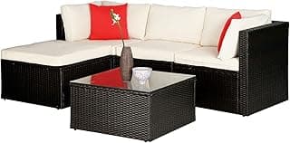 5 Pieces Rattan Patio Furniture Sets Patio Sofa Wicker Sectional Sofa Modular Outdoor Conversation Sofa Set with 2 Red Pillow 2 Corner Chairs Armless Chair Ottoman Chair Glass Table,Khaki Cushion