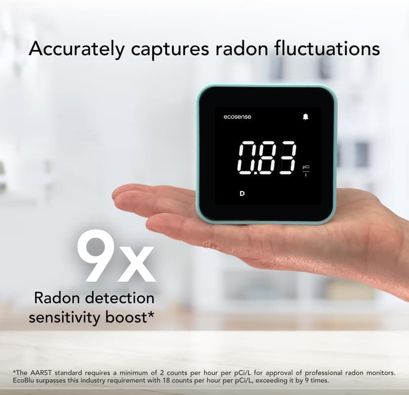 Ecosense EB100 EcoBlu, Home Radon Detector, Capture & Display Results Every 10 Minutes, Short & Long-Term Continuous Monitoring, Easy to Use
