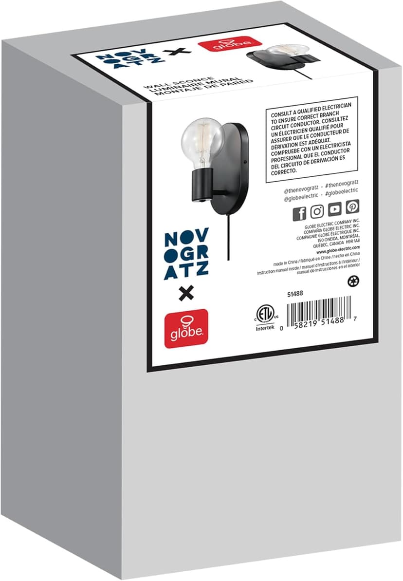 GLOBE Electric 51488 1-Light Plug-in or Hardwire Wall Sconce, Matte Black, 6ft Black Fabric Covered Cord, Inline On/Off Rocker Switch, Wall Lights for Bedroom, Bulb Not Included