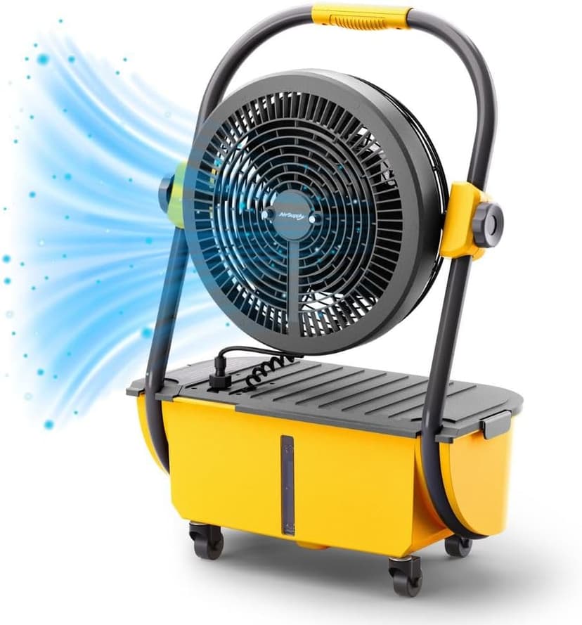 TURBRO Cordless Misting Fan with 11L Tank, High Pressure Spray Nozzles, 15ft Mist Range, Up to 50 Hours Run Time with Rechargeable Battery, 360° Swivel Wheels, Ideal for Patio, Pool and Outdoor Use