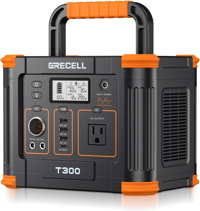 Portable Power Station 300W (Peak 600W), GRECELL 288Wh Solar Generator with 60W USB-C PD Output, 110V Pure Sine Wave AC Outlet Backup Lithium Battery for Outdoors Camping Travel Hunting Home Blackout
