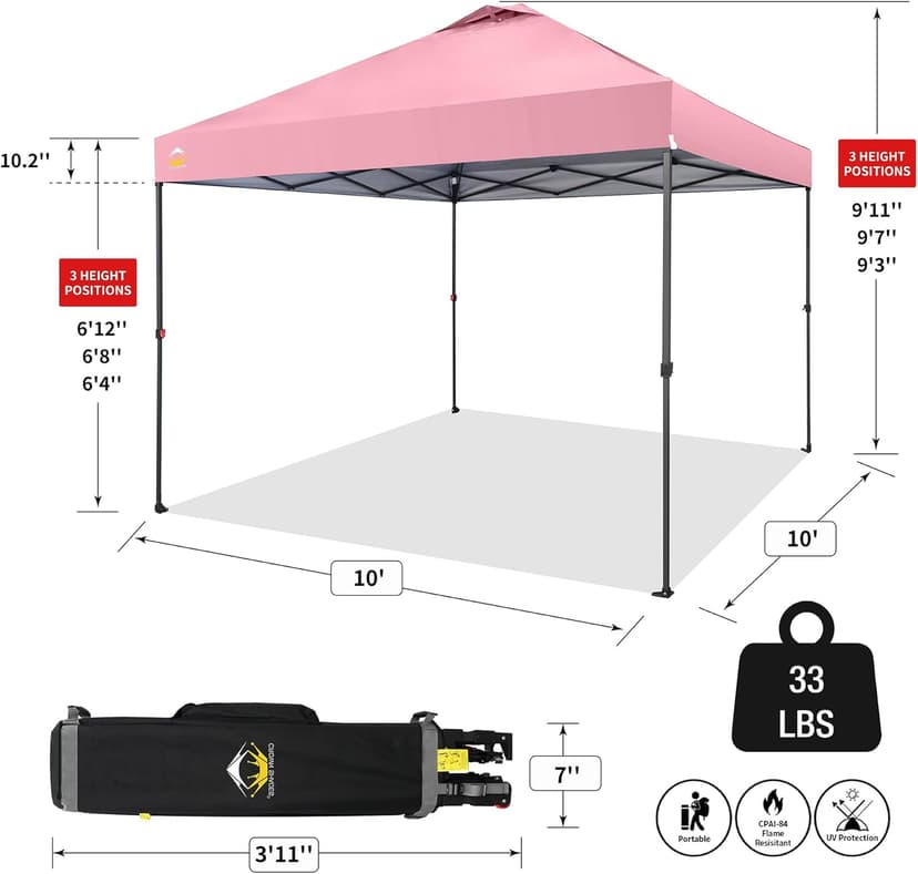 CROWN SHADES 10x10 Pop Up Canopy, Patented Center Lock One Push Instant Popup Outdoor Canopy Tent, Newly Designed Storage Bag, 8 Stakes, 4 Ropes