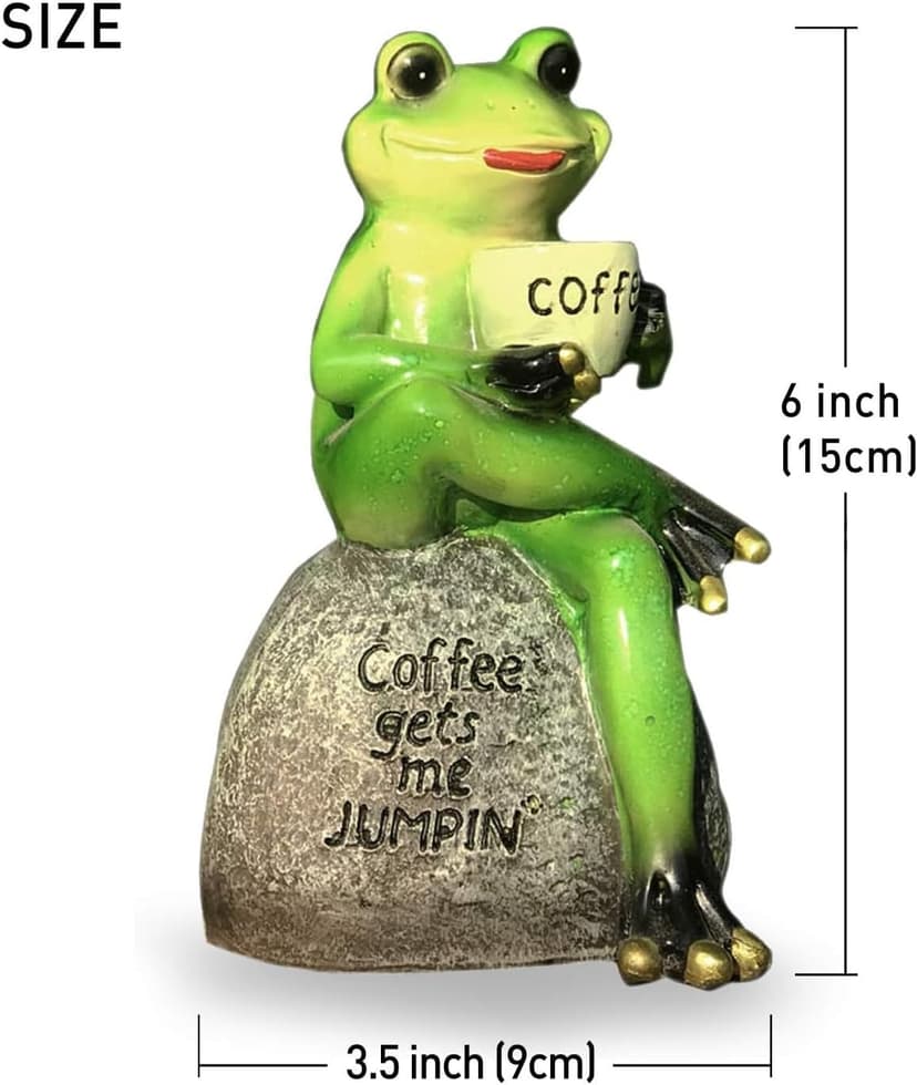 OwMell Frog Statue for Garden, Green Frog Figurine for Outdoor Decor Yard and Garden Decoration Resin Sculpture 6 Inches - Drinking Coffee
