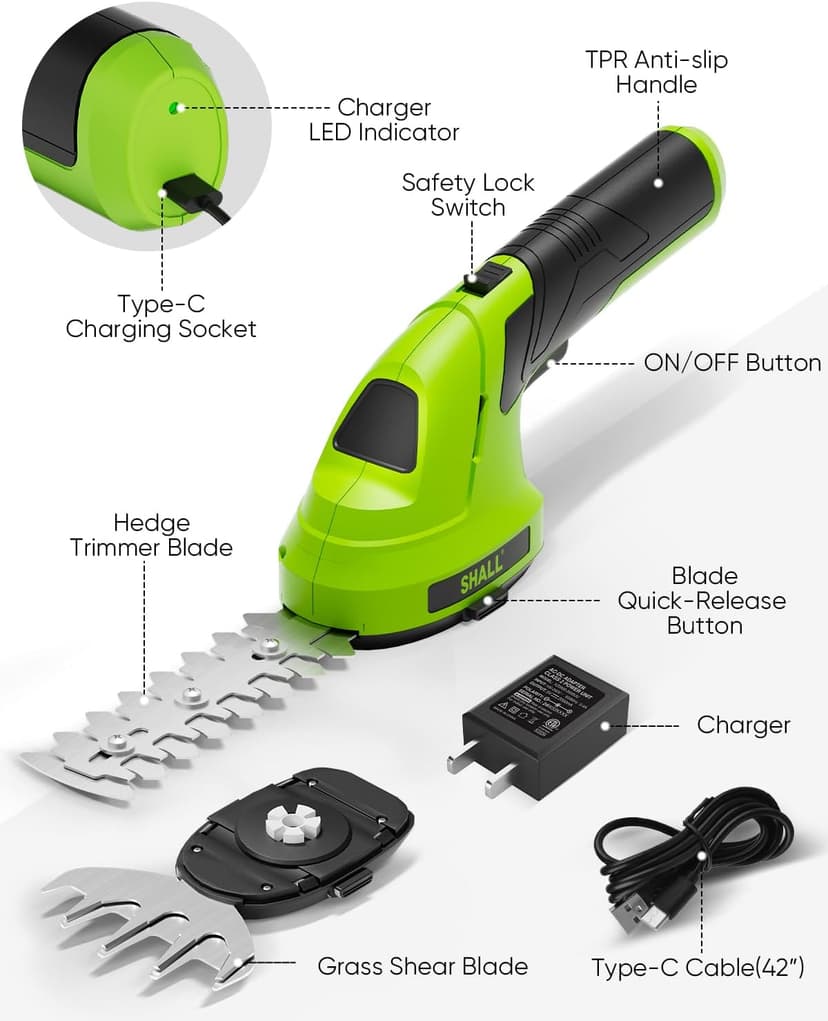 SHALL Cordless Grass Shear & Hedge Trimmer - 7.2V Electric Bush Trimmer 2 in 1 Handheld Shrub Shears, Lightweight Hedge Clippers Grass Cutter w/ 2.0Ah Rechargeable Battery & Type-C Fast Charger -Green