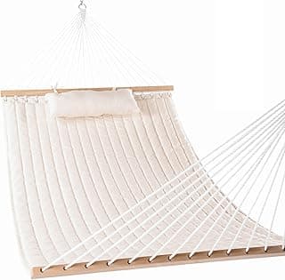 Lazy Daze Hammocks 12 FT Double Quilted Fabric Hammock with Spreader Bars and Detachable Pillow, 2 Person Hammock for Outdoor Patio Backyard Poolside, 450 LBS Weight Capacity, Natural