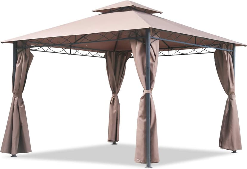 FDW 10'x13' Outdoor Patio Gazebo Heavy Duty Steel Frame Canopy with Double Roof, Privacy Curtains, for Garden, Backyard, and Lawn (Brown)