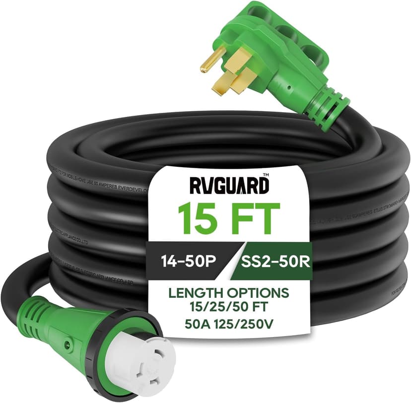 RVGUARD 50 Amp 15 Foot RV Power Cord, 14-50P to SS2-50R Generator Extension Cord, Heavy Duty STW Cord with LED Power Indicator and Cord Organizer, Green, ETL Listed